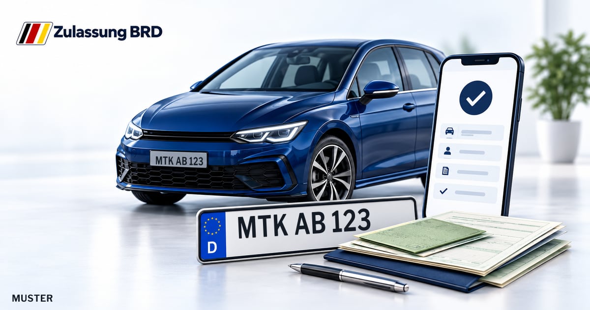 Online Fahrzeugzulassung in Kelkheim (Taunus): Musterkennzeichen MTK AB 123, Auto und Fahrzeugpapiere und Smartphone. Illustration mit Logo von Zulassung BRD.
